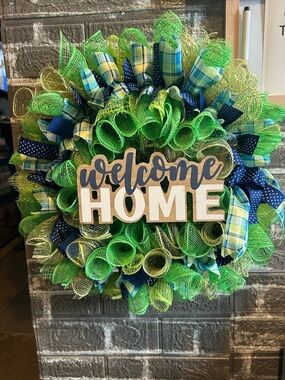 Hand Crafted Green & Blue 'Welcome Home' Holiday Wreath